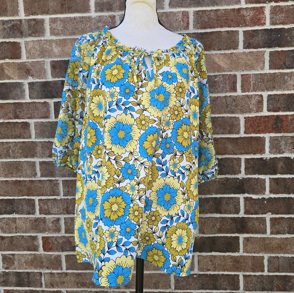 Cato Blue Yellow Floral Peasant Blouse Tie Neck Boho Top Size L